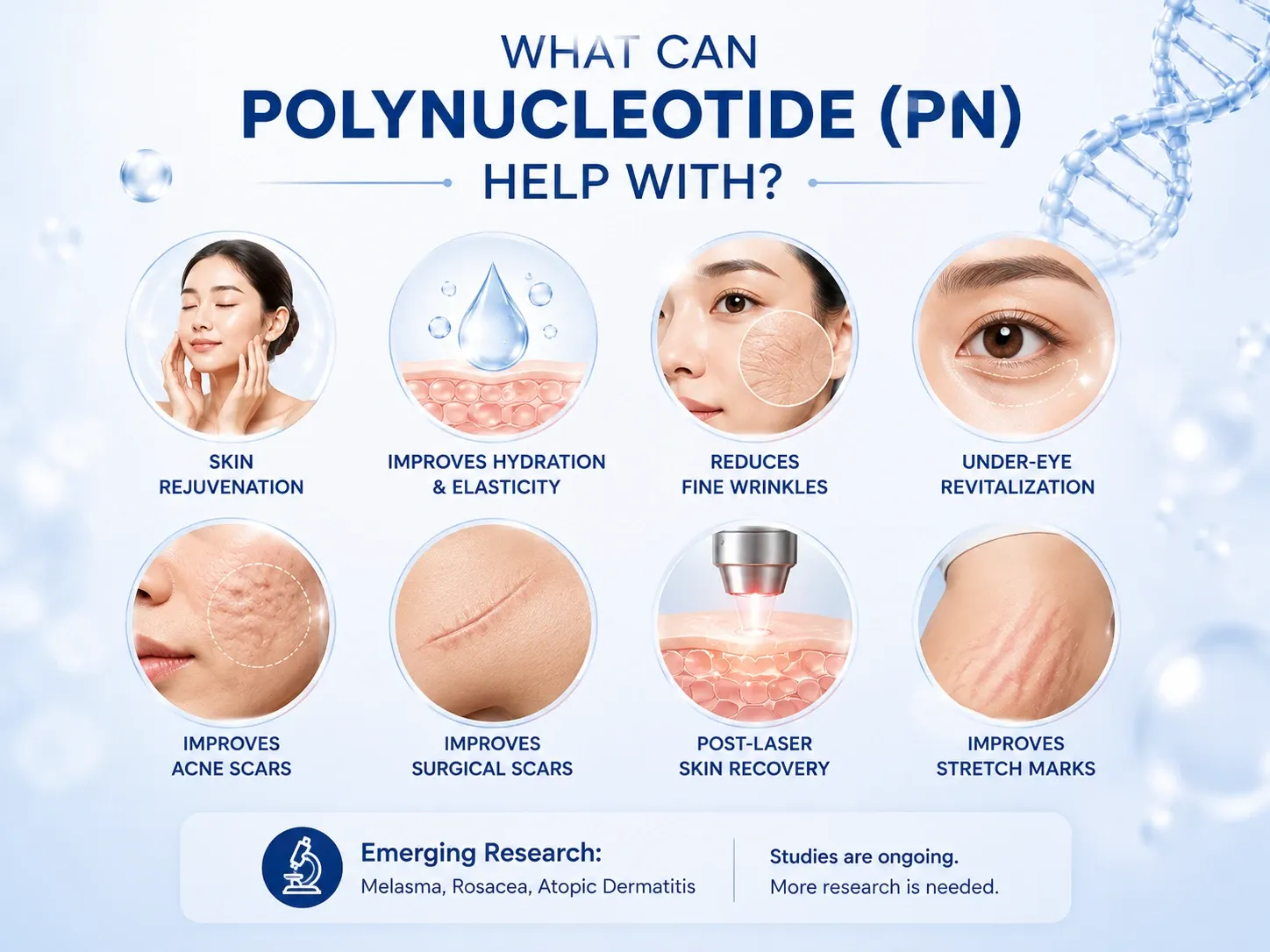 Medical infographic showing the clinical applications of Polynucleotide (PN) for skin rejuvenation, acne scars, under-eye treatment, and skin repair.