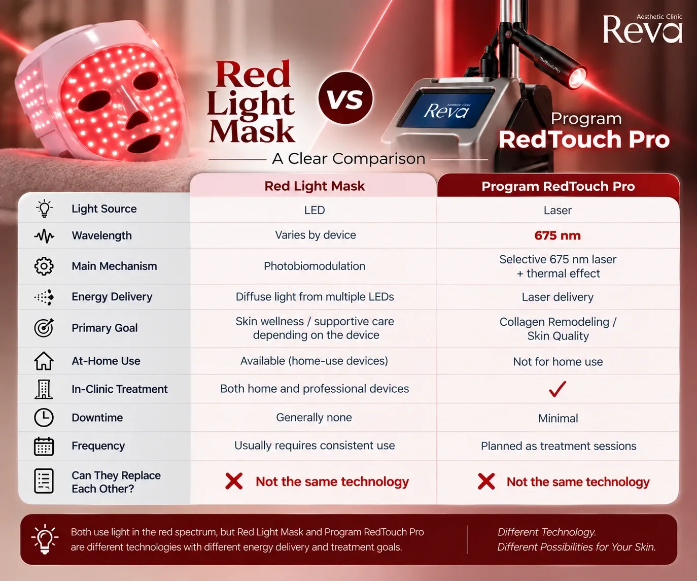 Red Light Mask vs Program RedTouch Pro comparison showing LED photobiomodulation and 675 nm laser for collagen remodeling and skin quality
