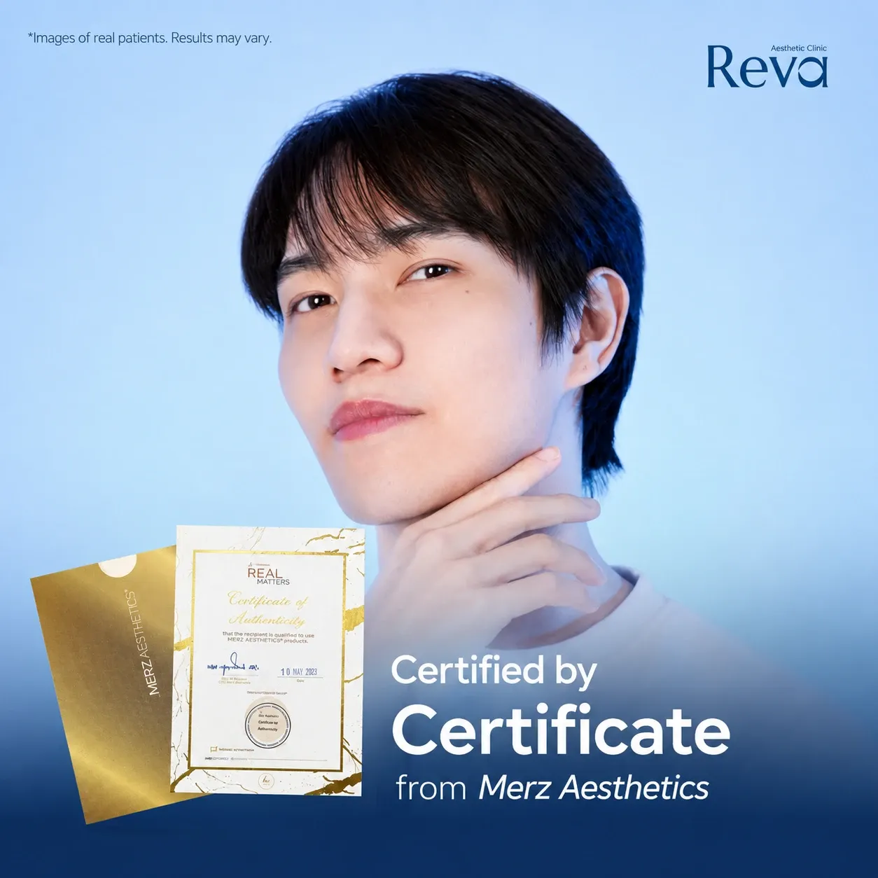 Reva Clinic patient with Certificate of Authenticity from Merz Aesthetics.
