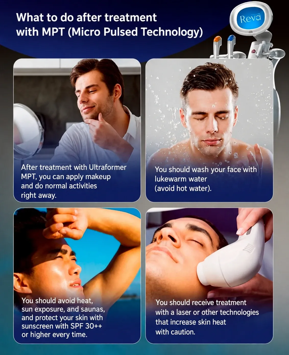 Infographic of aftercare: resume usual activities, lukewarm water, SPF, and caution with further heat-based treatments