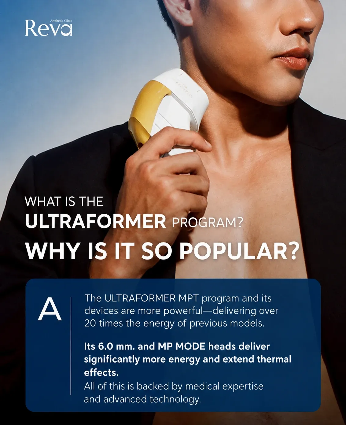 Q&A graphic about Program Ultraformer MPT covering newer energy output, 6.0 mm head, and MP Mode