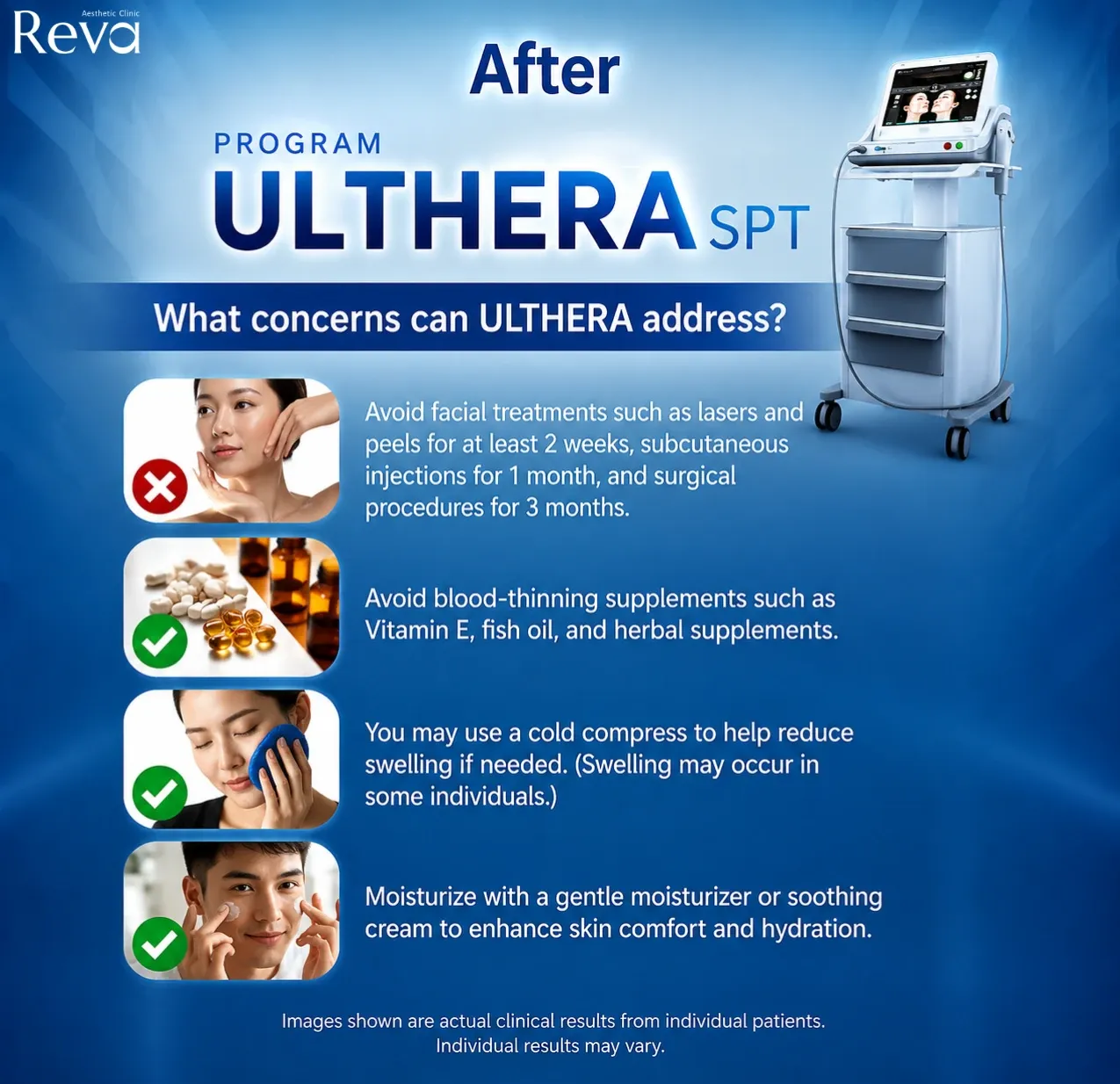Infographic on aftercare for Program Ulthera SPT, including avoiding extra facial procedures, cold compress if needed, and moisturizing