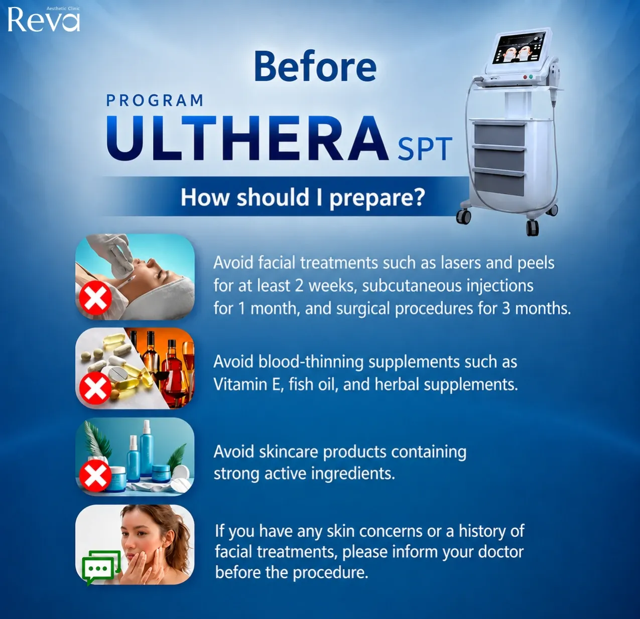 Infographic on preparing for Program Ulthera SPT, including pausing certain procedures, supplements, and strong actives