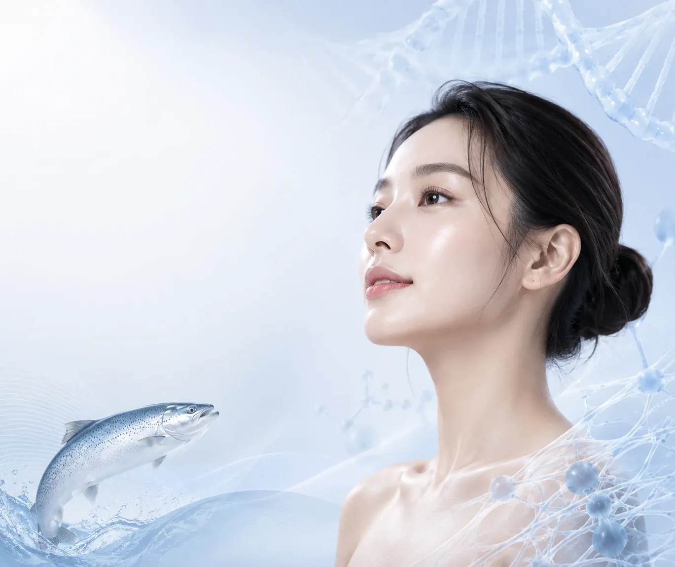 Illustration of Polynucleotide (PN) skin regeneration with salmon-derived DNA and healthy glowing skin.