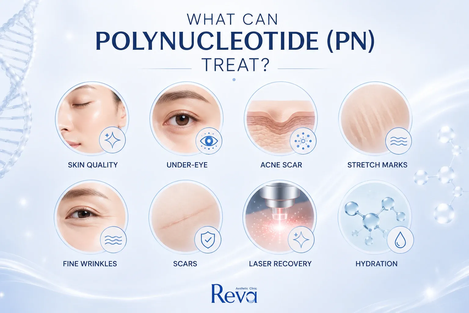 Medical infographic showing the clinical applications of Polynucleotide (PN) for skin rejuvenation, acne scars, under-eye treatment, scars, stretch ma